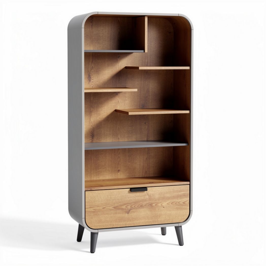 Wooden bookshelf with open shelves and storage drawer 80 x 40 x 180cm