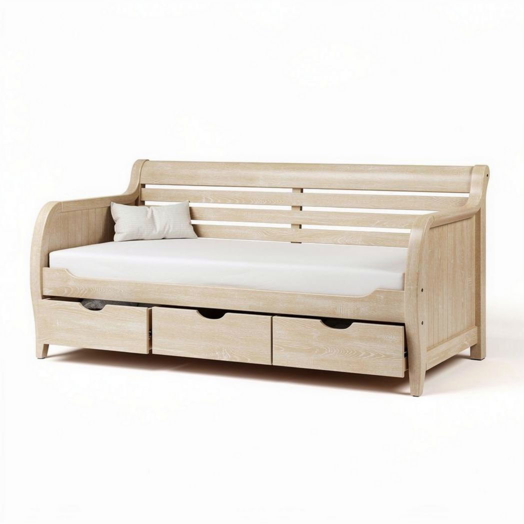 Wooden daybed with storage drawers measures 200 x 90 x 90cm in natural finish