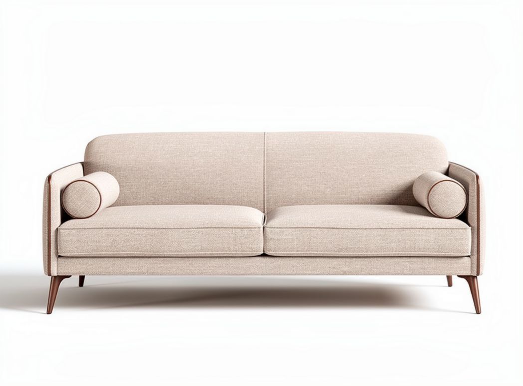 Modern beige upholstered sofa with removable cushions and wooden legs 180 x 85 x 75cm