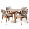Outdoor square dining table set with four rattan chairs in natural wood finish
