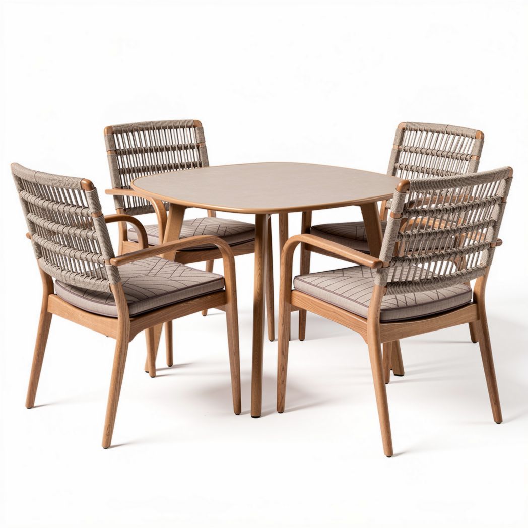 Outdoor square dining table set with four rattan chairs in natural wood finish