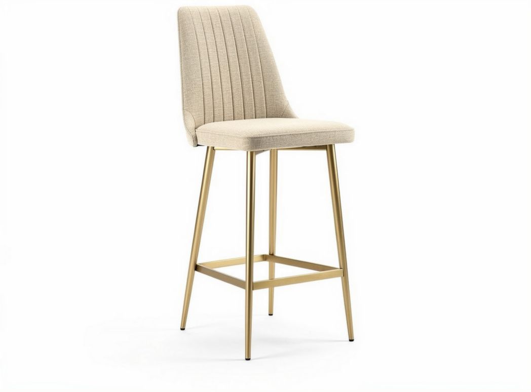 Bar height stool with beige fabric seat and gold metal legs 40 x 40 x 100cm