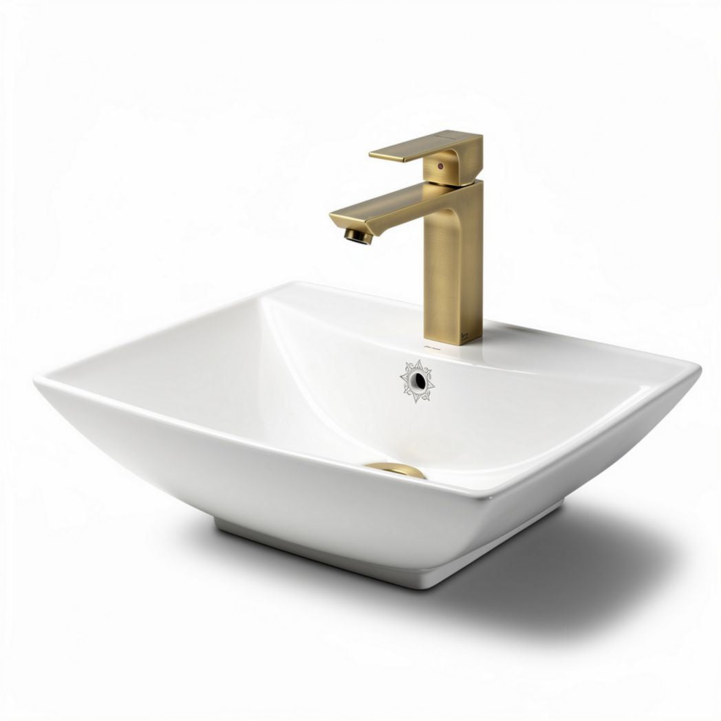 Square ceramic vessel sink with modern gold faucet and undermount installation 40 x 40 x 15cm