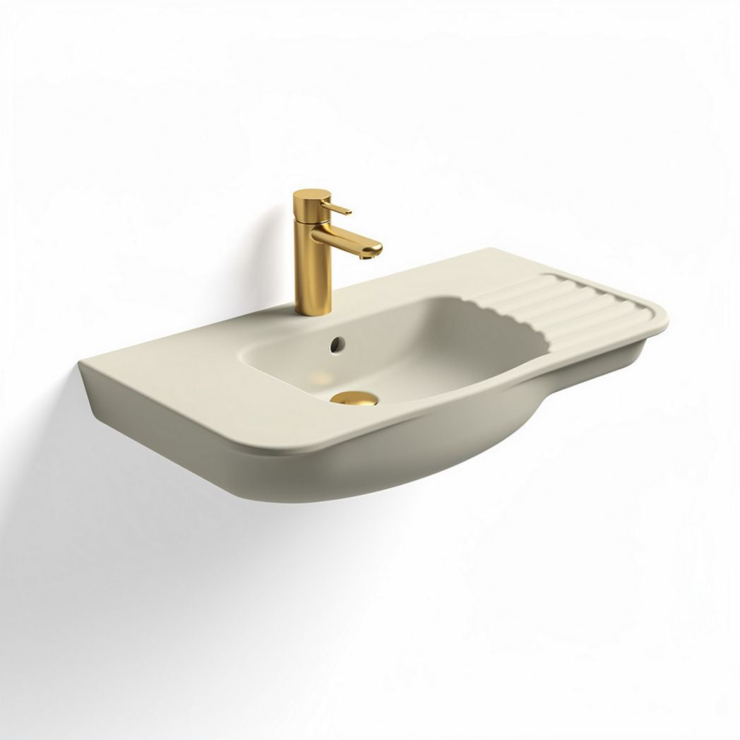 Wall-mounted ceramic sink with ribbed storage area and gold faucet 60 x 40 x 15cm