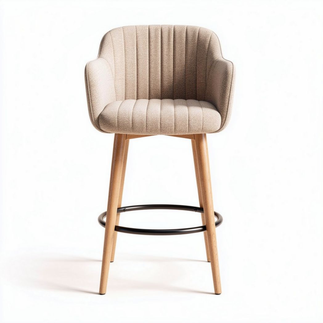 Upholstered bar stool with wooden legs and armrests in beige 45 x 45 x 100cm