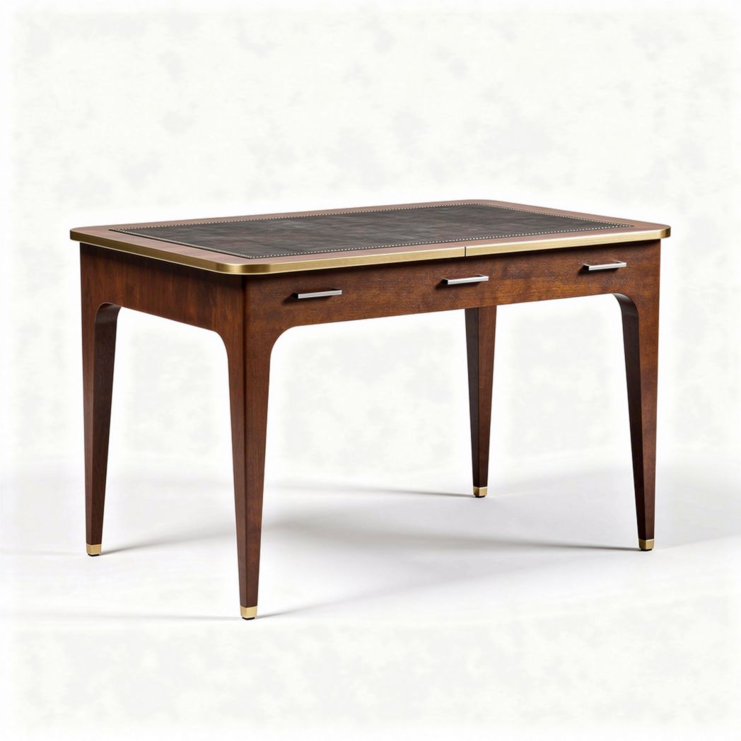 Rectangular wooden writing desk with two drawers and brass accents 120 x 60 x 75cm