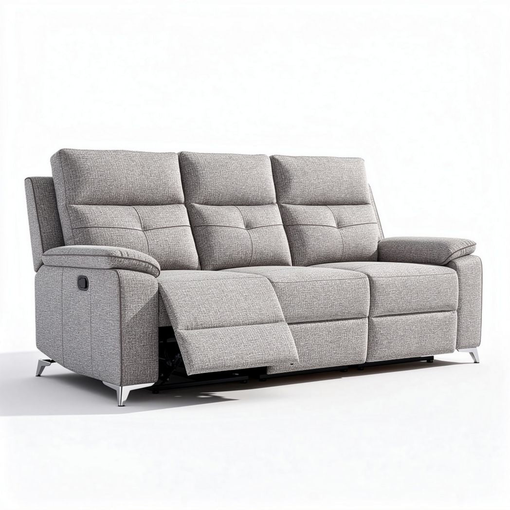 Reclining sofa in gray fabric with adjustable headrests and chrome legs 200 x 90 x 95cm