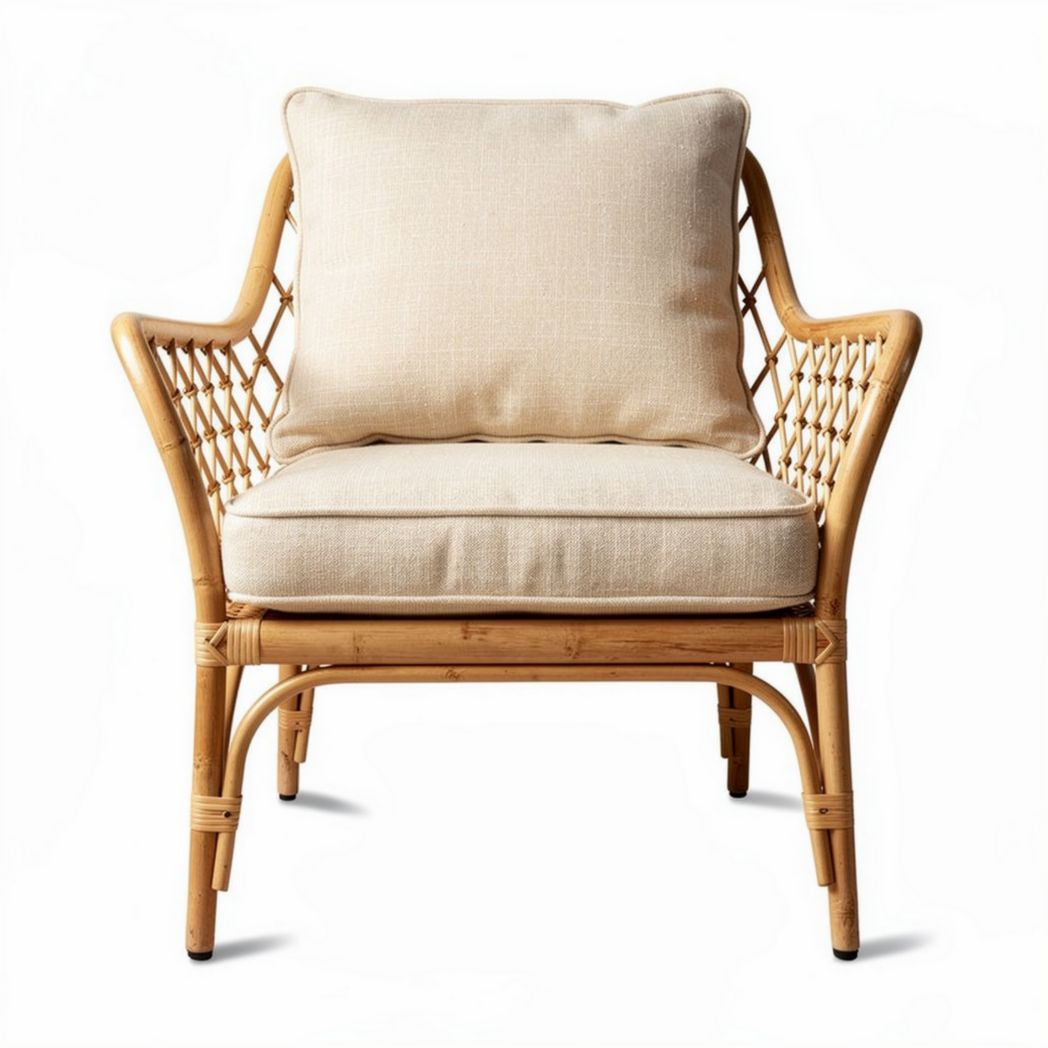 Rattan lounge chair with removable cushion in natural finish and 80 x 80 x 75cm dimensions