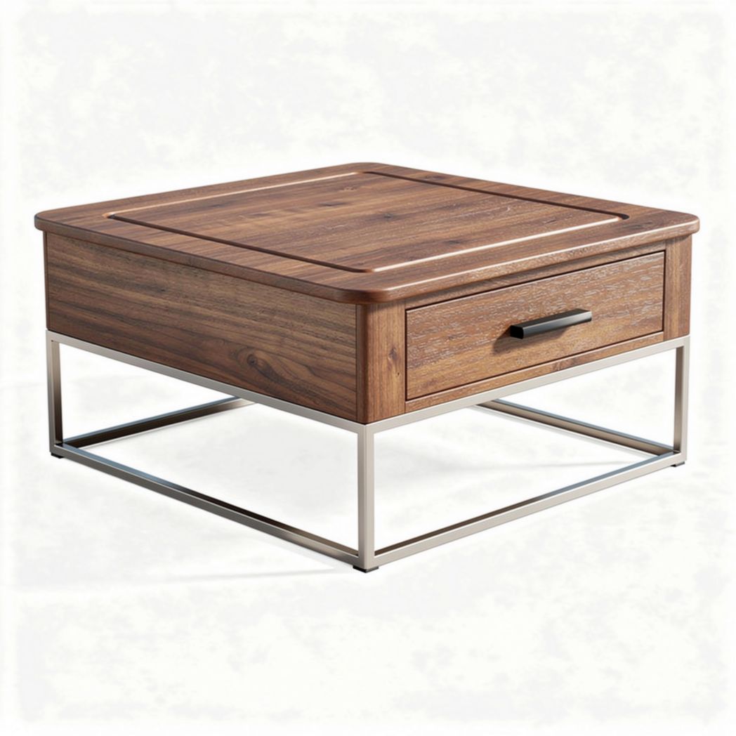 Wooden square coffee table with metal frame and drawer 80 x 80 x 40cm