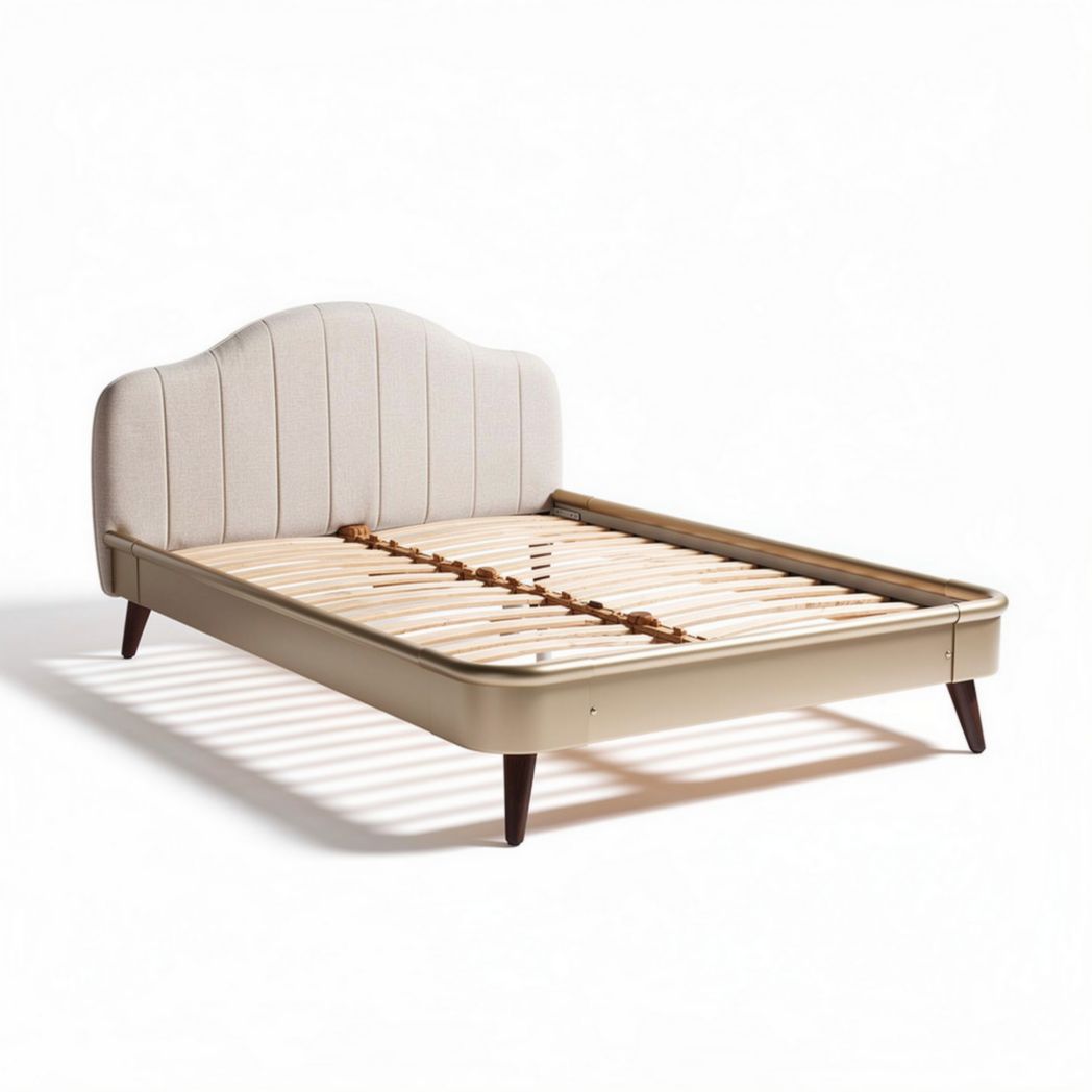 Upholstered beige platform bed frame with wooden slats 190 x 150 x 100cm