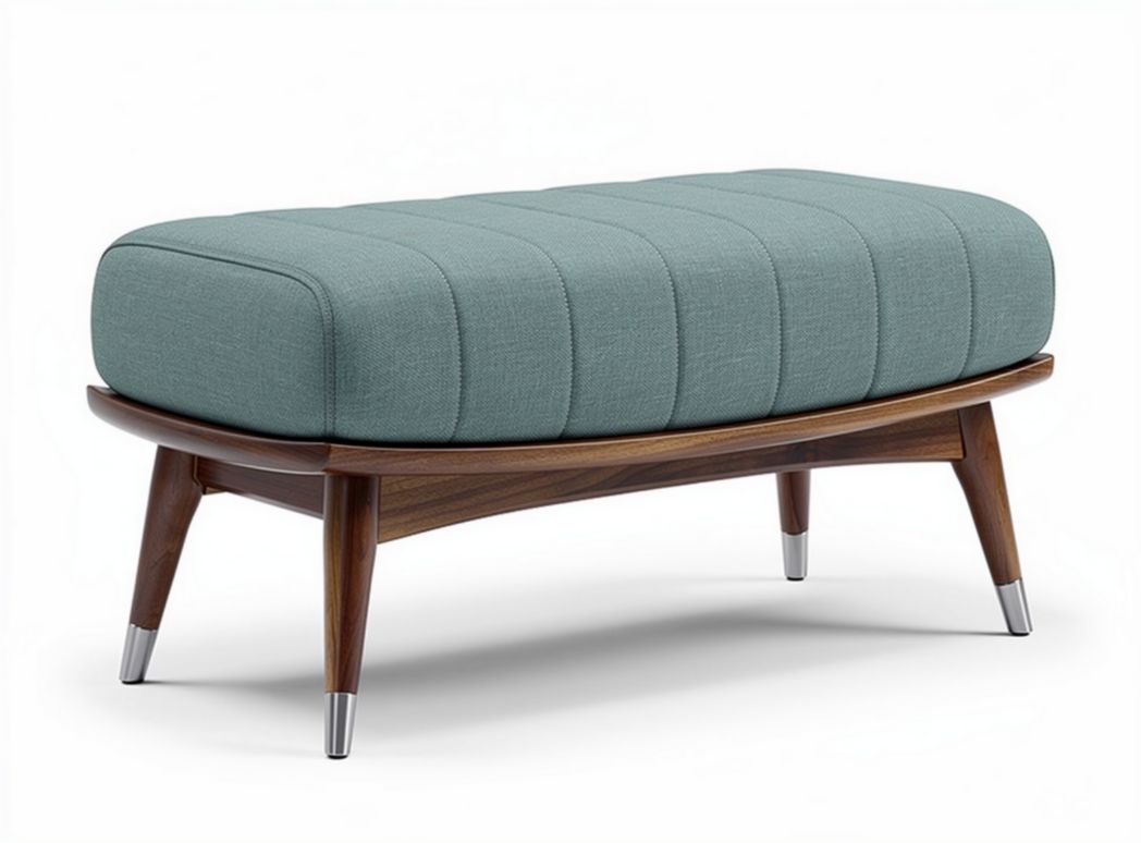 Mid-century modern ottoman upholstered in teal fabric with wooden legs 100 x 50 x 40cm